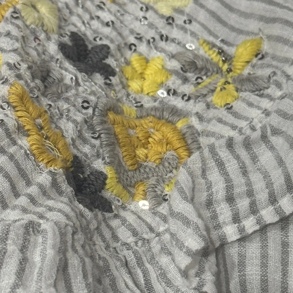 Style & Co. Gray Striped Blouse with Yellow and Charcoal Floral Embroidery